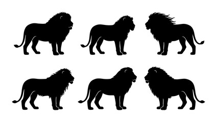 Six Silhouette Lion Vector Illustrations, Majestic Big Cats in Profile, Powerful Wildlife Icons for Graphic Design © Priyanka