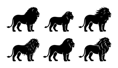 Six Silhouette Lion Vector Icons, Majestic Big Cat Poses, Powerful Wildlife Graphics, Regal Animal Illustrations for Design Projects © Priyanka