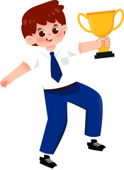 Happy School Boy Holding a Gold Winner Trophy