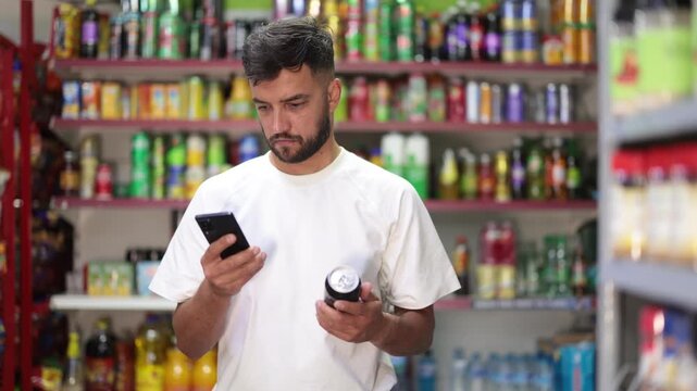 Man get acquainted with beer, scan QR code on label, take reading label using phone camera in shop. Client view products composition, inspect manufacturer information using mobile app