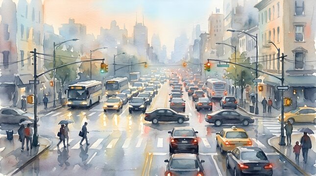 City street scene features heavy traffic and pedestrians in the rainy atmosphere.