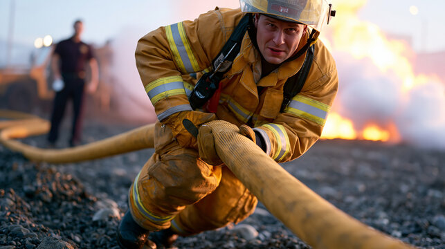 Volunteer firefighter trainee in turnout gear pulling charged hose line across a gravel training ground in low morning mist, instructor observing from the side with stopwatch in hand, smoke simulati