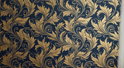 Seamless damask pattern with golden ornate floral elements on a dark blue background © Saharia