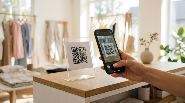 Customer uses a mobile phone to scan a payment QR code at a retail boutique.