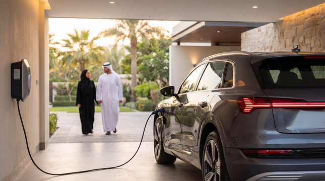 Modern electric SUV charging at a home wall station while an Emirati couple walks together in the background of a luxury villa driveway during a warm sunset.