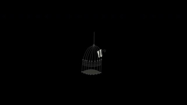 Empty birdcage with minimalist grey wire design on black background. Suitable for interior design, birdrelated content, or symbolic illustrations.