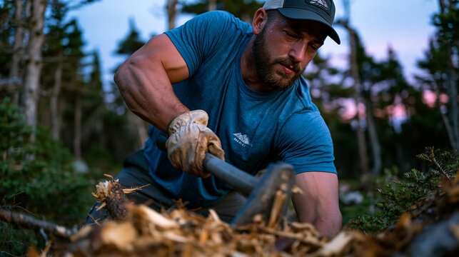 Weathered trail crew volunteer wearing canvas work gloves uses a steel pulaski tool to clear storm debris from a backcountry footpath at dusk, sweat visible on brow, pine forest stretching endlessly