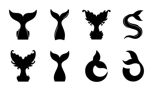 Set of 8 Black Whale Tail Silhouettes, Marine Mammal Icons, Ocean Wildlife Vector Graphics, Nautical Design Elements