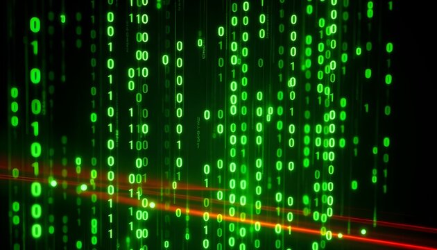 Green binary code flows rapidly down a digital screen with red light streak