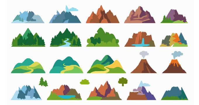 Cartoon Mountain Flat Vector Elements Set with Hills Peaks and Nature Landscapes
