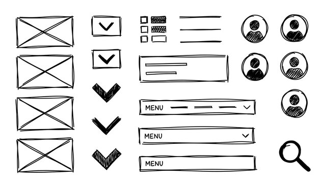 Hand drawn website interface elements sketch set for user experience