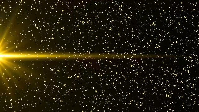 Golden particle abstract background with shining magic dot ball and light dust, futuristic glittering fly movement, flickering bokeh loop in space on black background, radiant luxury cosmic ambiance