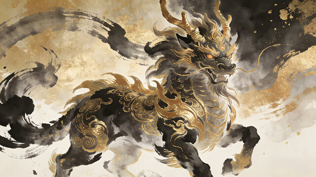 Chinese mythical qilin with gold patterns on ink wash background