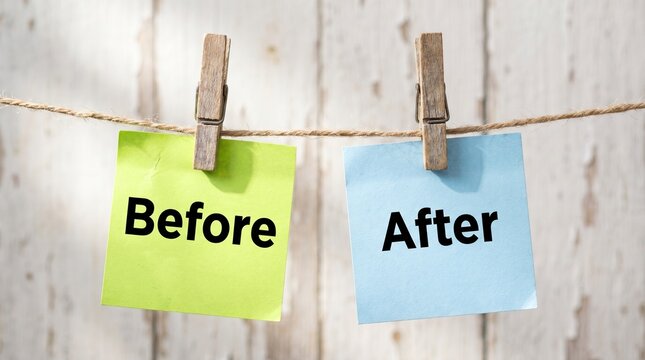 Green and blue sticky notes reading "Before" and "After" hang from a twine clothesline with wooden clothespins against a rustic white wood background.