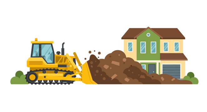 Yellow bulldozer crawler moving soil in front of a residential house. Flat vector illustration for construction, land clearing, and real estate development concepts.