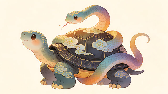 Colorful snake coiled on decorated turtle with cloud patterns