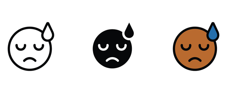 Sad face emoji icon set showing disappointed expressions with sweat drops, stress and anxiety symbols, mental exhaustion concepts, and illness symptom indicators, vector illustration, vector, designs