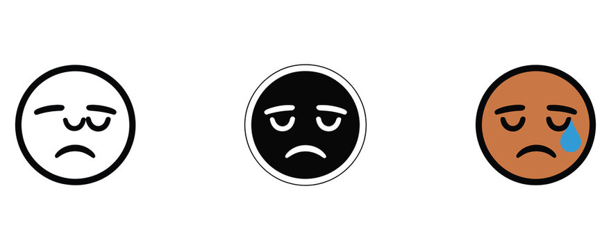 Sad face emoji icon set featuring sweat drop symbols, disappointed avatar expressions, stress indicators, mental exhaustion concepts, and illness symptom graphics, vector illustration, vector, designs