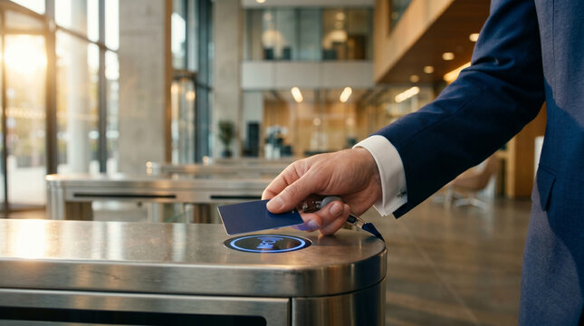 Businessman wearing formal suit holding blue smart card near nfc access control scanner on metallic security turnstile at entrance to secure corporate office building lobby area.