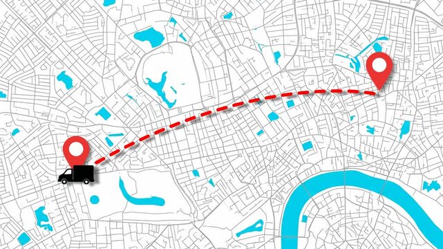 Delivery Route Map Truck Travel from Point A to Point B in City.