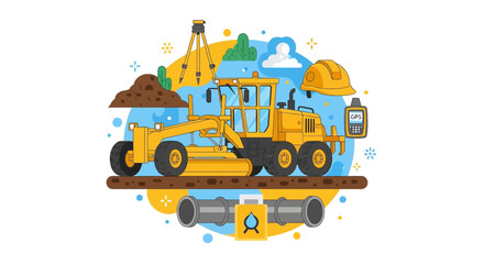 Fototapeta premium Motor Grader and Land Surveying Equipment Illustration for Civil Engineering, Road Construction, and Infrastructure Development Projects