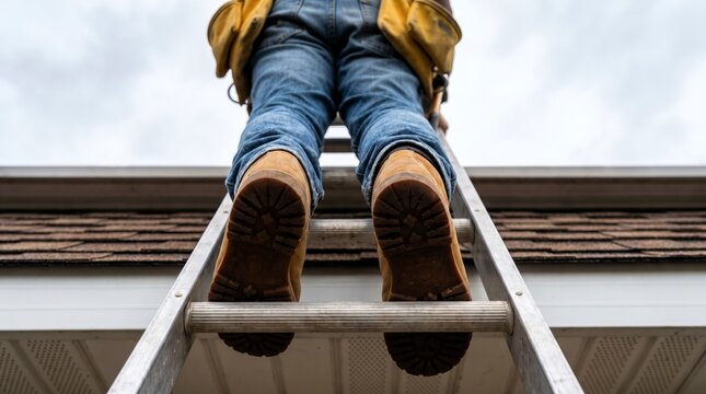 Construction worker wearing durable blue jeans and tan work boots stands on a tall metal ladder while performing home repairs