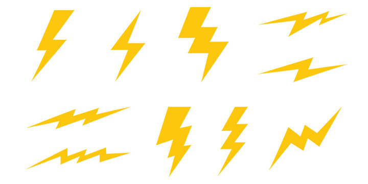 Yellow Lightning Bolt Icons and Thunder Symbols Set. Vector Illustration of Minimalist Electrical Shock Badges, Bright Voltage Flash Graphic Elements, and Power Logo Design Template.
