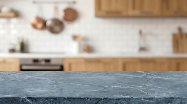 Dark slate kitchen island surface mockup with blurred wooden cabinets and copper cookware interior background.