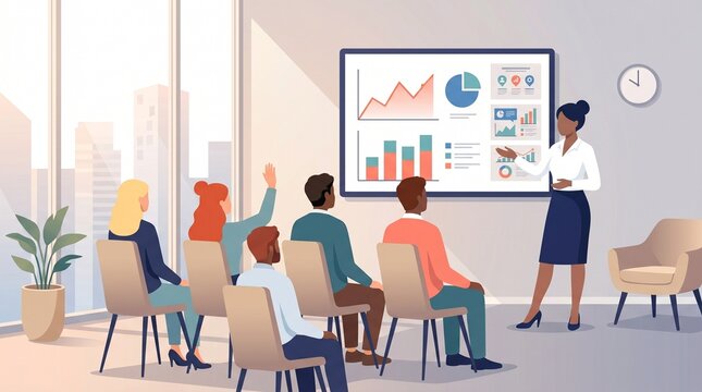 A diverse professional team participates in an engaging corporate presentation, analyzing data charts on a large screen in a bright, modern office with a city view.
