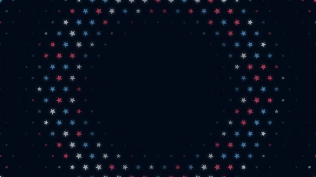 Patriotic dark background animation with red, white, and blue stars forming a circular tunnel vortex, creating a dynamic presentation template with center copy space for American holidays