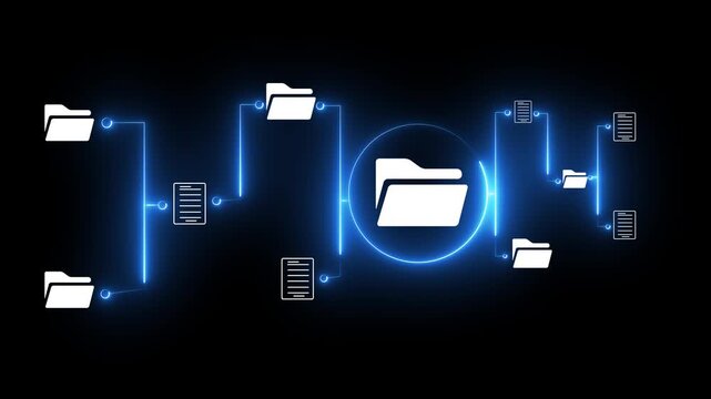 Abstract futuristic digital data management and cloud storage concept with glowing neon blue lines connecting folder and document icons on a black background