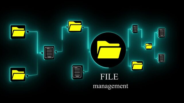 Abstract futuristic digital data management and cloud storage concept with glowing neon blue lines connecting folder and document icons on a black background