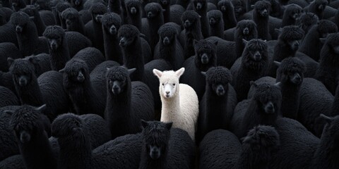 Obraz premium A single white alpaca stands out amongst a large herd of black alpacas