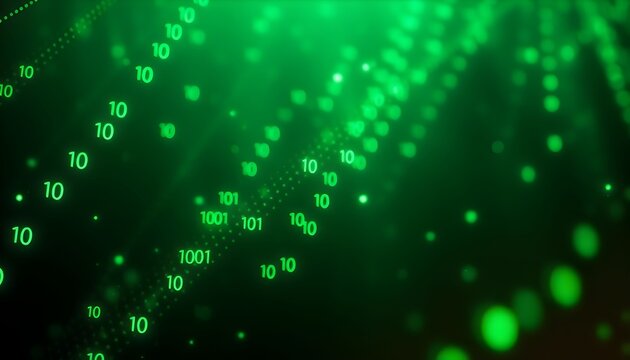 Glowing green binary code flows through a dark digital tunnel with numbers floating.