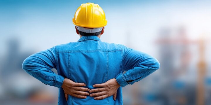 Construction worker in yellow hard hat experiencing back pain outdoors