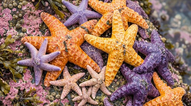 Vibrant orange and purple starfish cluster together on a rocky, barnacle-covered tide pool shore, showcasing rich coastal biodiversity.