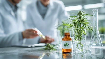 Fototapeta premium Doctors examine hemp-derived medicine in a modern clinical laboratory