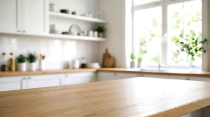 Fototapeta premium Wooden kitchen tabletop surface mockup with blurred modern pantry and shelf interior background for food advertising.