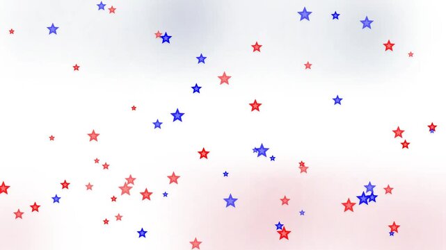 Patriotic USA flag background animation with falling red and blue star confetti shapes drifting over a bright white watercolor texture, perfect for American holiday video templates