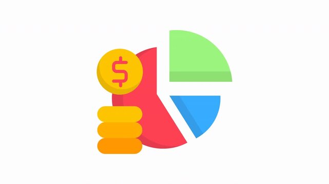 Animated flat design icon featuring a pie chart and stack of coins with dollar signs. It depicts finance, profit growth, and business analysis. It has a 4K transparent background.