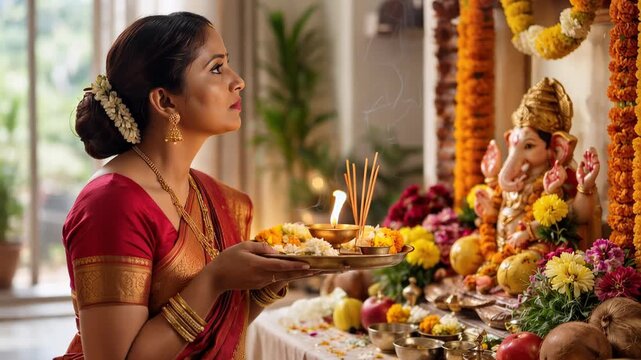 Woman in red silk sari performing traditional Hindu puja and aarti before a decorated Ganesha idol, holding a brass thali with oil lamp, incense and floral offerings in home altar