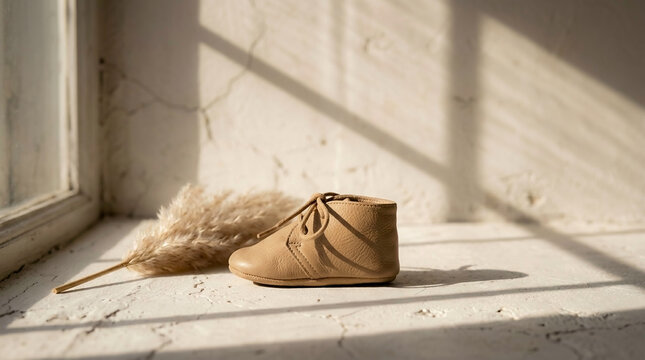 Soft leather baby bootie in warm beige tone displayed on cracked white concrete surface with dried pampas grass, natural sunlight casting gentle shadows.