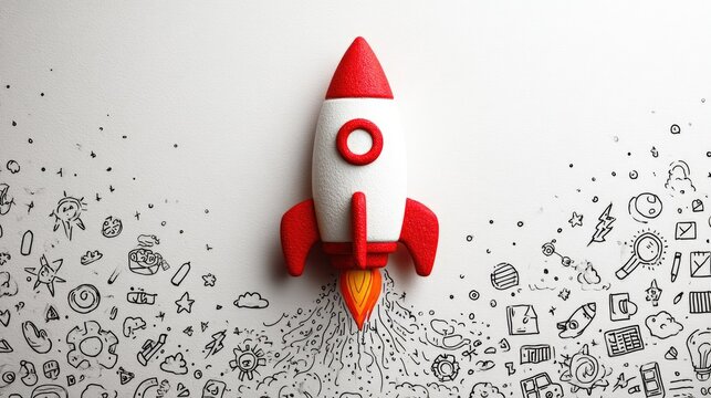 Colorful rocket toy launching into a world of ideas with doodle symbols representing creativity and innovation
