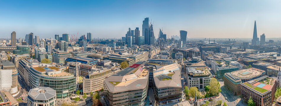 Aerial view with the city skyline of London, England, UK