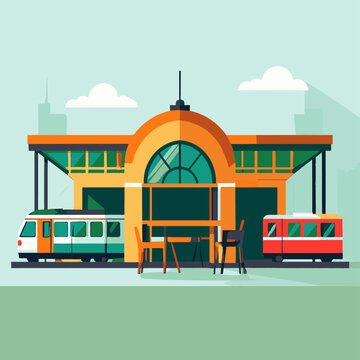 A modern train station with two trains and outdoor seating