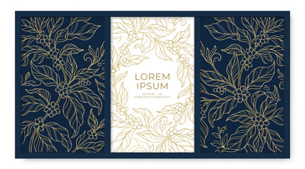 Set of luxury coffee plant patterns with gold line art on dark blue background © S.Siam