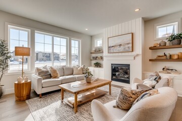 Fototapeta premium Elegant staged living space featuring a fireplace, plush sofa, and curated decor