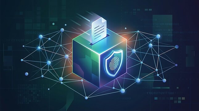 Digital cube with a shield and fingerprint receiving a document file against a dark background, with interconnected network, nodes and data lines
