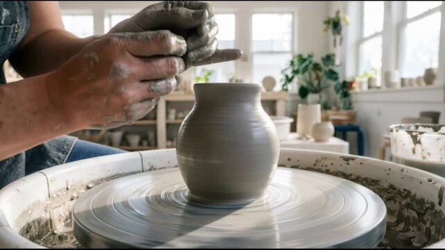 Potter shaping clay vase on spinning wheel in studio. Woman crafting ceramic pot with hands. Creative workshop process for handmade pottery art and craft hobby.