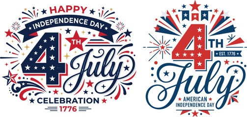 Fototapeta premium Fourth of July graphic elements with patriotic red white blue colors and celebratory fireworks designs for American Independence Day celebrations
